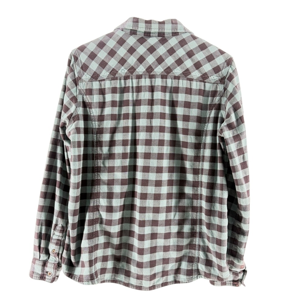 Carhartt Plaid Button Down Women L 12/14 Mint Brown Cotton Stretch Long Sleeve - Picture 2 of 10